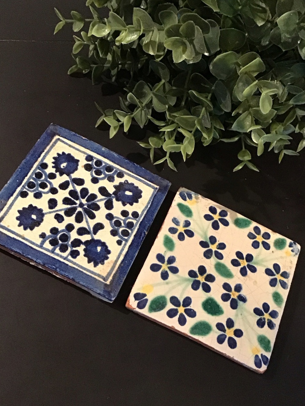 ❤5/25$ Handmade Blue Floral Ceramic Tile Coasters - Set of 2